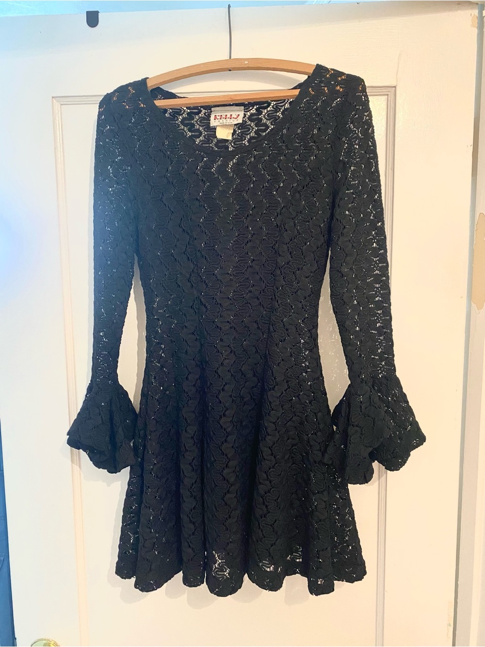 Vintage Contempo style Black Lace Fit & Flare Selene Dress with Bell Sleeves (4)